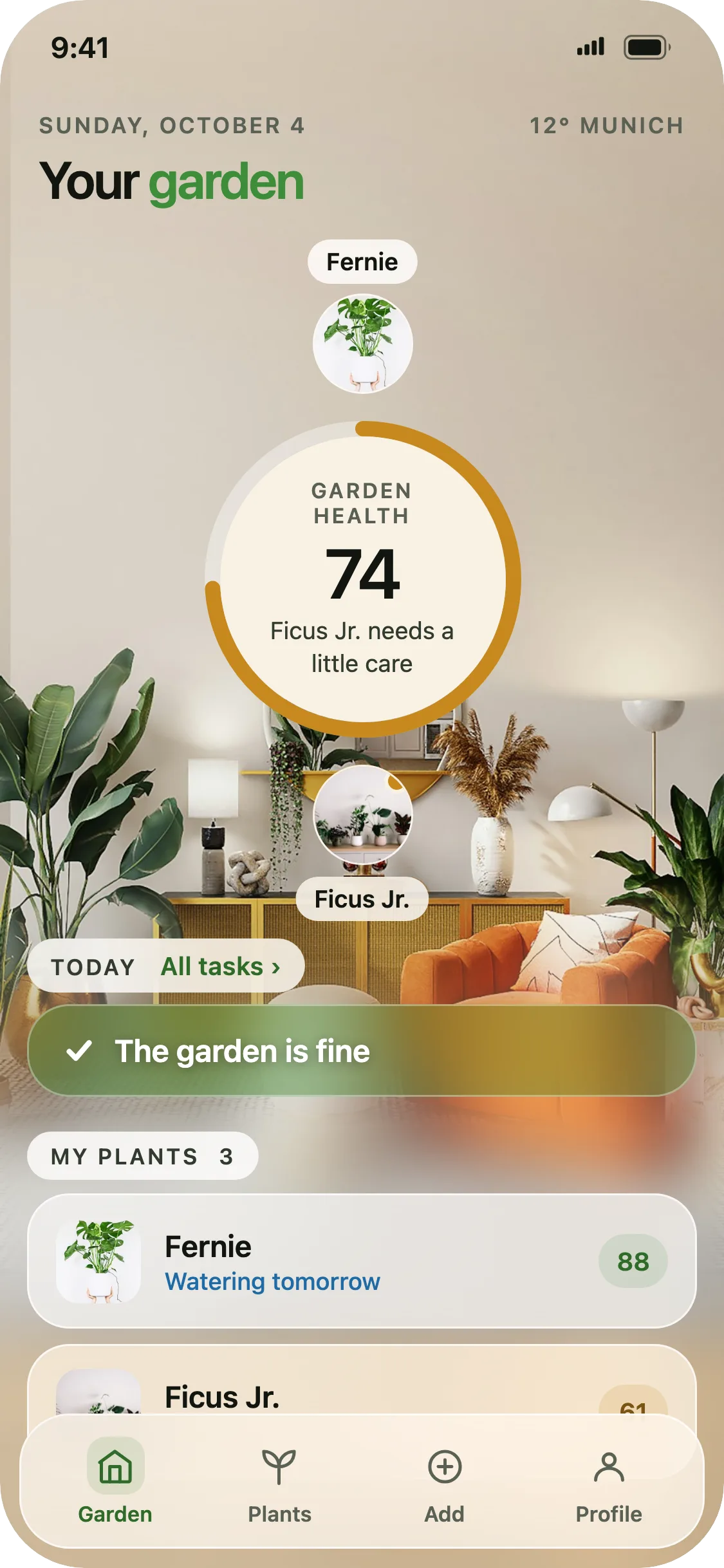 Botanly home screen listing every plant and which ones need water today